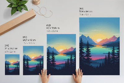Arte de parede Montanhas coloridas com pôr do sol e lago
