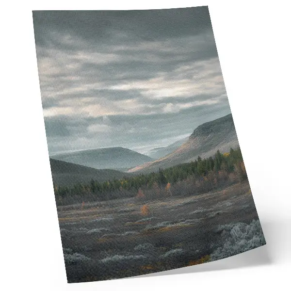 Poster para cozinha com montanhas nubladas, árvores verdes e vale tranquilo