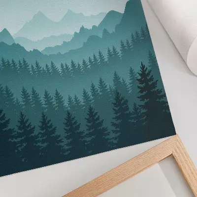 Pôster decorativo paisagem de montanhas azuis com árvores verdes representando espaço e natureza