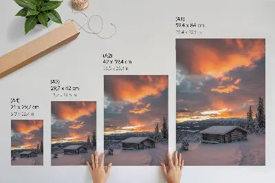 Arte de parede abrigo de inverno sob céu alaranjado na natureza