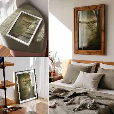 Arte de parede folhas verdes com raio de luz em trilha na floresta