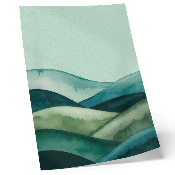 Poster decorativo colinas verdes com atmosfera turquesa em estilo aquarela