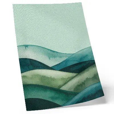 Poster decorativo colinas verdes com atmosfera turquesa em estilo aquarela