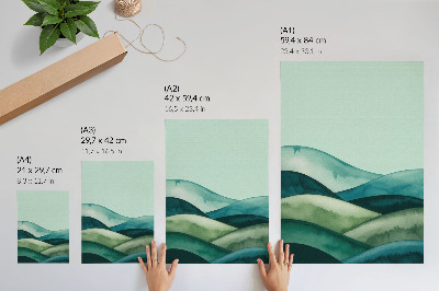 Poster decorativo Colinas verdes, atmosfera turquesa, estilo aquarela