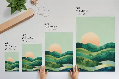 Impressão em tela colinas em tons pastel com aquarela e sol