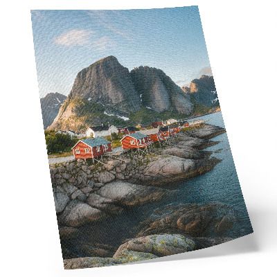 Arte de parede Casas vermelhas, fiorde, montanhas, pôr do sol