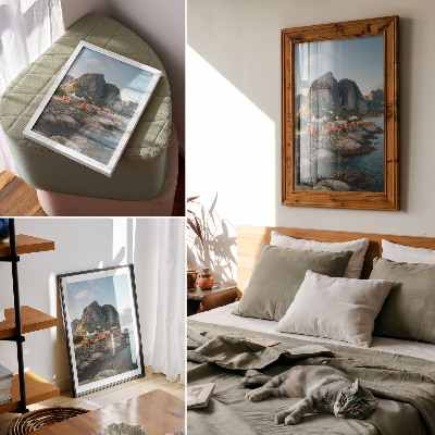 Arte de parede Casas vermelhas, fiorde, montanhas, pôr do sol