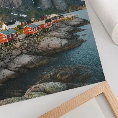Arte de parede casas vermelhas com fiorde, montanhas e pôr do sol
