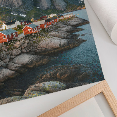 Arte de parede Casas vermelhas, fiorde, montanhas, pôr do sol