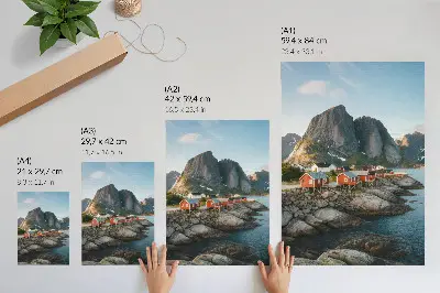 Arte de parede casas vermelhas com fiorde, montanhas e pôr do sol
