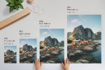 Arte de parede Casas vermelhas, fiorde, montanhas, pôr do sol