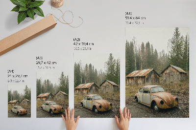 Poster para cozinha carro enferrujado barracão de madeira floresta verde