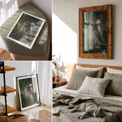 Poster decorativo coruja em um galho de pinheiro com tema de natureza, paz e harmonia