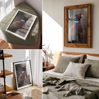 Impressão em tela penas de faisão em cores intensas com tema de paz