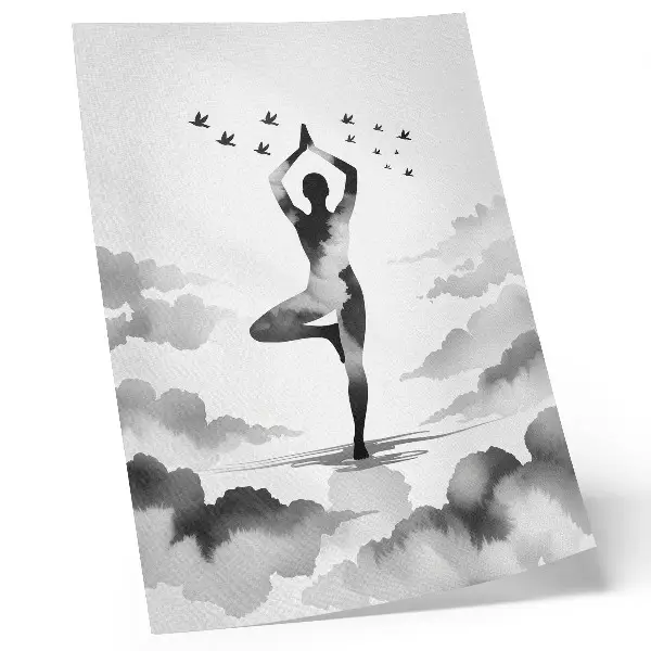 Poster decorativo com silhueta em preto e branco de nuvens e pássaros