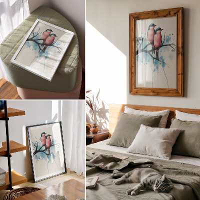 Arte de parede Casal de pássaros em um galho com fundo abstrato.