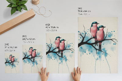 Arte de parede Casal de pássaros em um galho com fundo abstrato.
