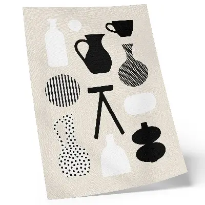 Poster para cozinha com padrões geométricos em preto e branco sobre fundo bege