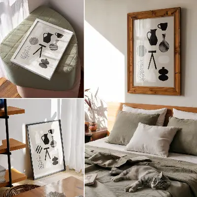 Poster para cozinha com padrões geométricos em preto e branco sobre fundo bege