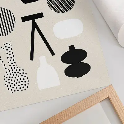 Poster para cozinha com padrões geométricos em preto e branco sobre fundo bege