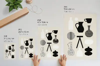 Poster para cozinha com padrões geométricos em preto e branco sobre fundo bege