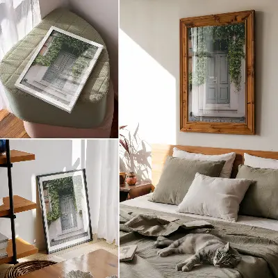 Poster decorativo trepadeiras verdes com portas cinzentas em composição harmoniosa