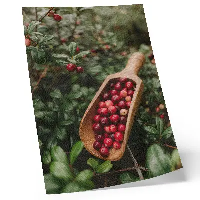 Poster decorativo com cores vibrantes de folhas e frutos em uma pá de madeira