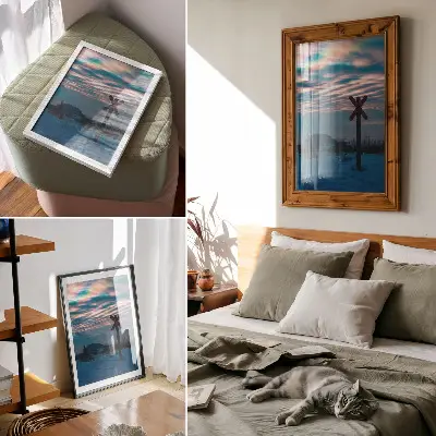Impressão em tela paisagem invernal atmosférica com nuvens coloridas e placa solitária