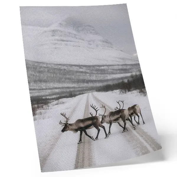 Arte de parede renas em uma estrada nevada entre montanhas com cenário de inverno