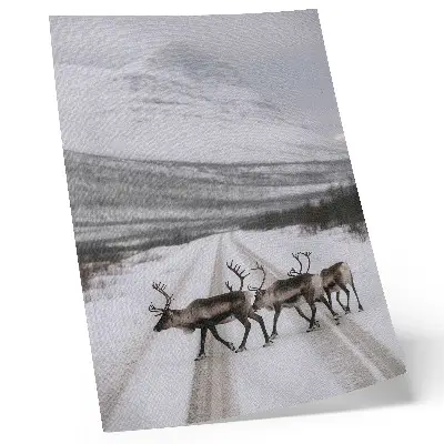 Arte de parede renas em uma estrada nevada entre montanhas com cenário de inverno