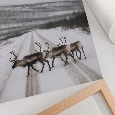 Arte de parede Renas em uma estrada nevada entre as montanhas, cenário de inverno.