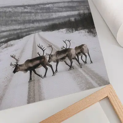 Arte de parede renas em uma estrada nevada entre montanhas com cenário de inverno