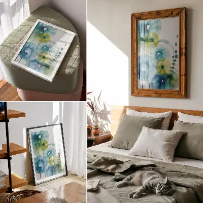 Arte de parede com manchas abstratas em tons de azul e verde