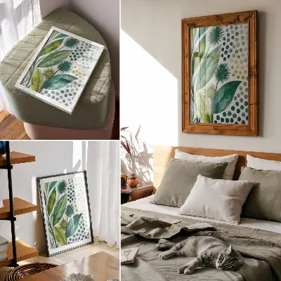 Poster para cozinha com estampa de folhas verdes em estilo boho
