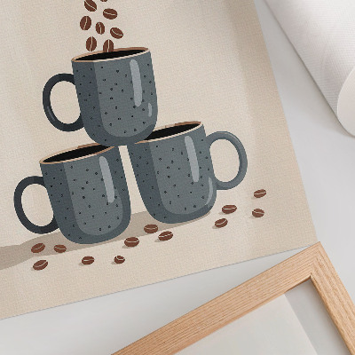 Impressão em tela Canecas cinzentas e fundo creme com grãos de café.