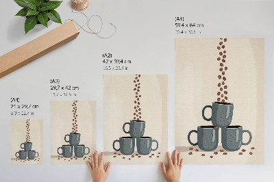 Impressão em tela Canecas cinzentas e fundo creme com grãos de café.