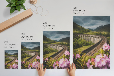 Poster para cozinha viaduto de pedra, colinas verdes, flores em tons pastel