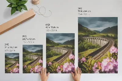 Poster para cozinha viaduto de pedra entre colinas verdes com flores em tons pastel