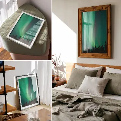 Poster decorativo com estampa de Aurora, árvores verdes e natureza mágica noturna