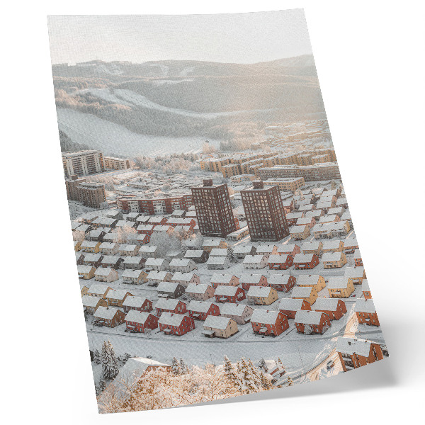 Poster para cozinha Paisagem de inverno com casas cobertas de neve