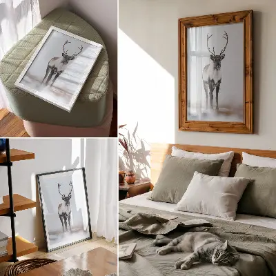 Poster decorativo cenário de renas em paisagem de inverno com tons quentes em estilo moderno