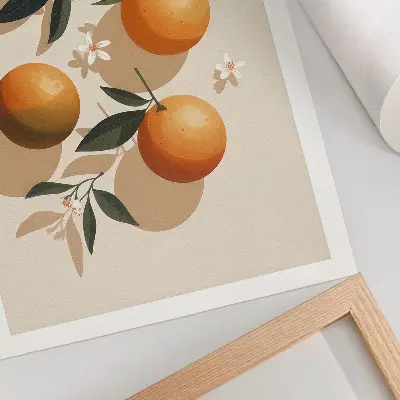 Arte de parede laranjas suculentas com folhas verdes e flores brancas