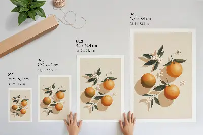 Arte de parede laranjas suculentas com folhas verdes e flores brancas