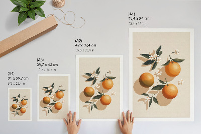 Arte de parede Laranjas suculentas, folhas verdes, flores brancas.