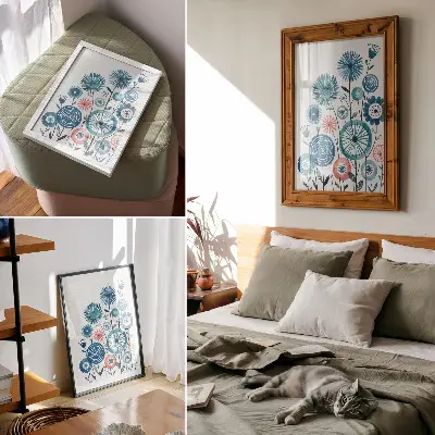 Poster para cozinha com flores azuis modernas sobre fundo branco