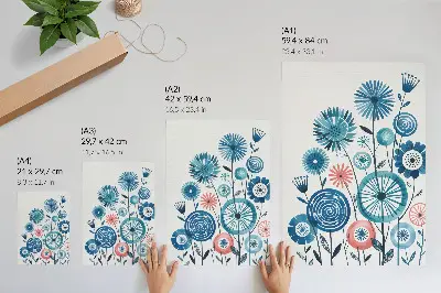 Poster para cozinha com flores azuis modernas sobre fundo branco
