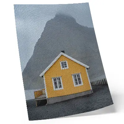 Poster para cozinha com estampa de casa amarela, montanha, minimalismo, simplicidade e paz