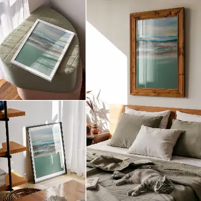 Pôster decorativo abstrato em tons de azul, verde e creme