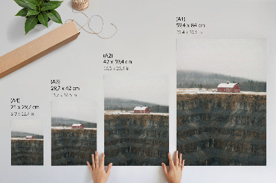 Poster para cozinha Celeiro na encosta, paisagem de inverno, floresta, neblina