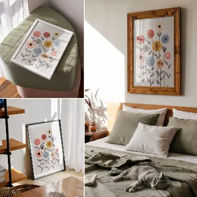 Arte de parede flores coloridas em fundo branco com estilo retrô
